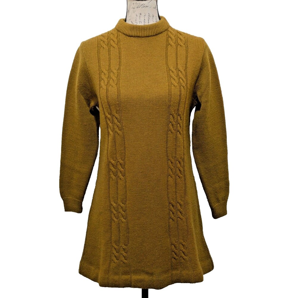 VTG Traverse Bay Woolen Co.  Tunic Sweater Mustard Tan 2 Cable Strips 38" Bust